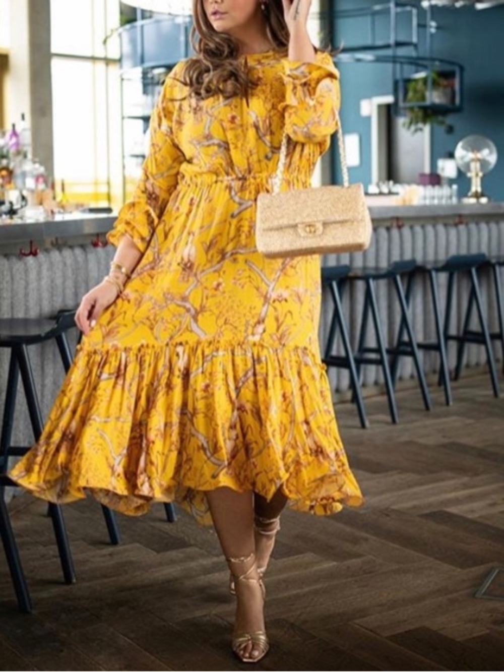 NWT Johanna Ortiz x H&M Yellow Floral Crepe Dress Size L - Picture 9 of 16